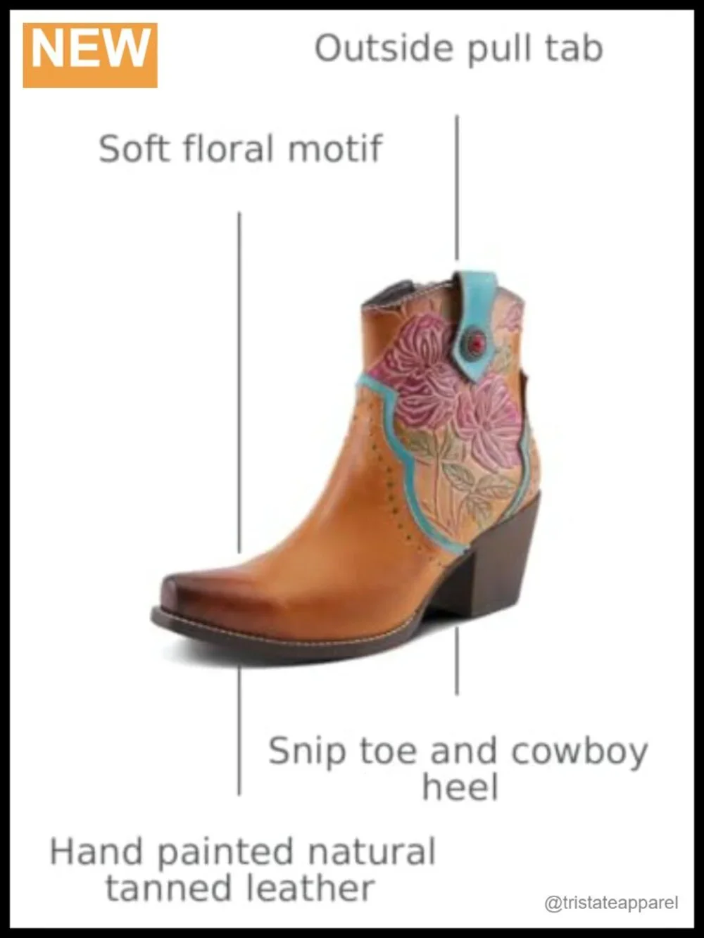 Mid-Calf Floral Cowboy Bootie Leather Ankle High Zipper Casual